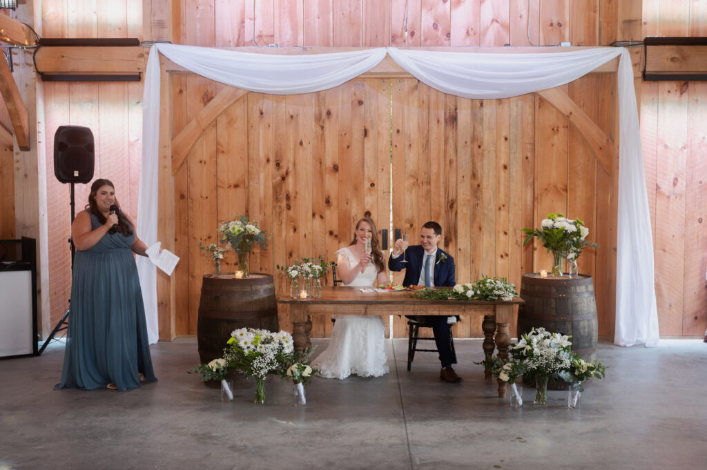 A bridesmaid giving a speech before dinner.