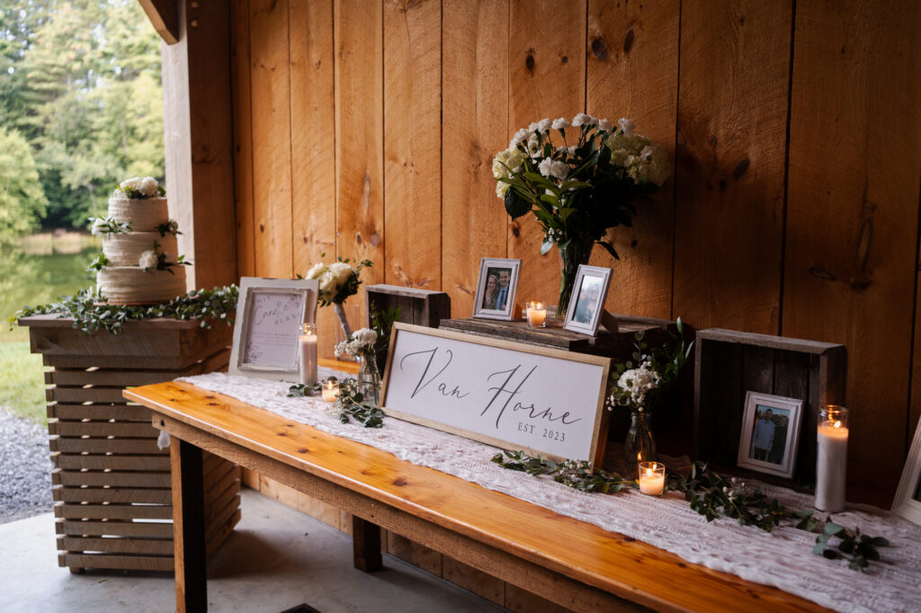 The bride and groom's card table and cake.