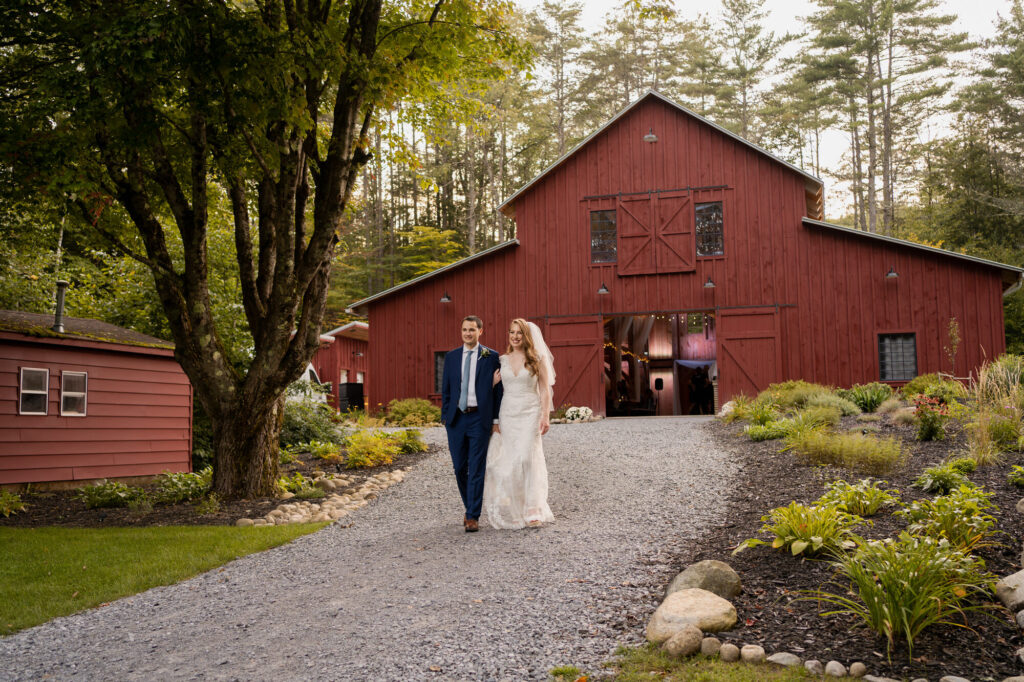 The bride and groom going for a walk during the reception.