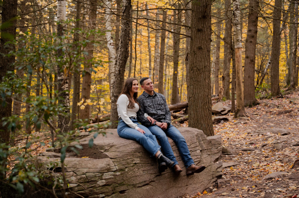 Aubrie and Dolan taking in the views from a large boulder at Kaaterskill Falls during their engagement session in the Catskill Mountains.