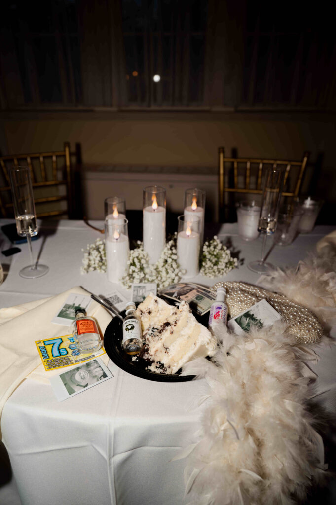 The remnants of cake cutting, bridal party entrances and favors at the Canfield Casino wedding.