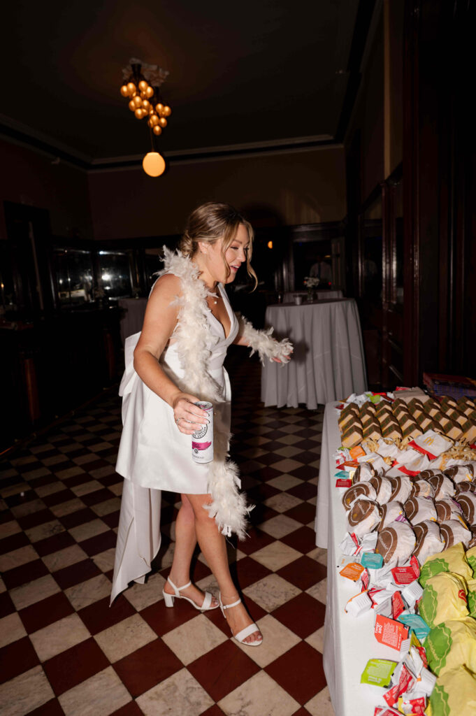 The bride excited to see the late night food delivery with some of her favorites from McDonald's.