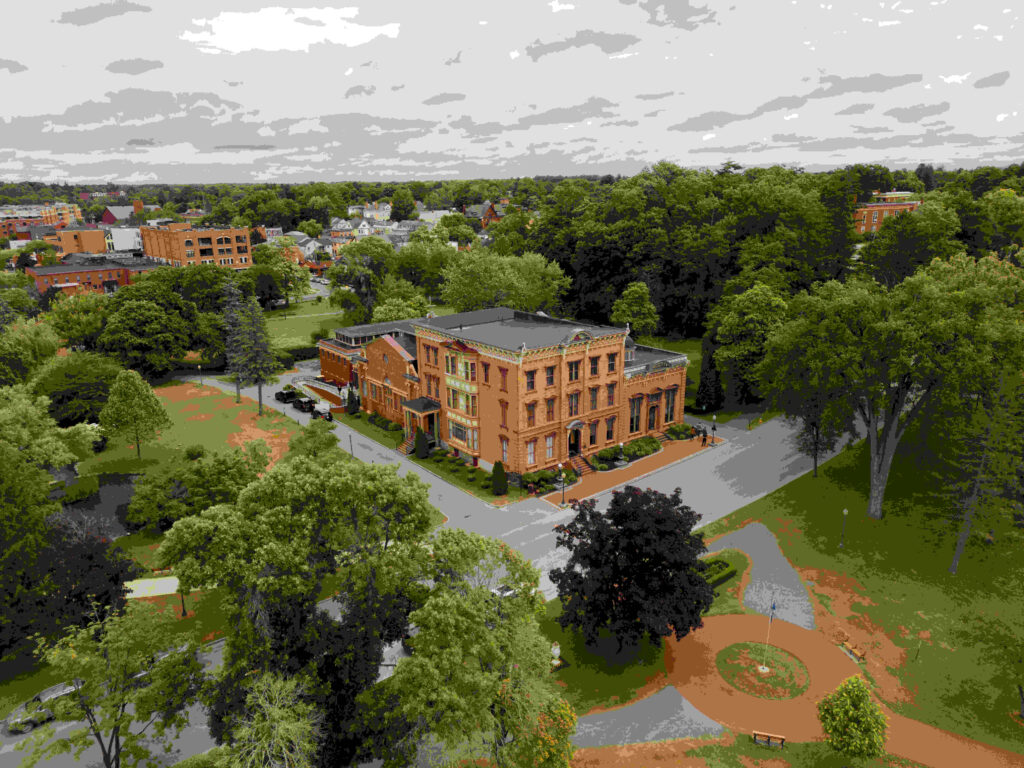 An aerial view of the Canfield Casino and Congress Park in Saratoga Springs, New York.