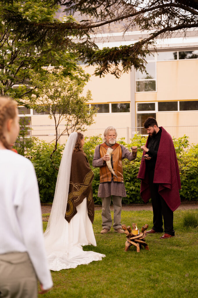 A photo of a traditional Nordic Pagan wedding ceremony in the Westfjords of Iceland in Ísafjörður.